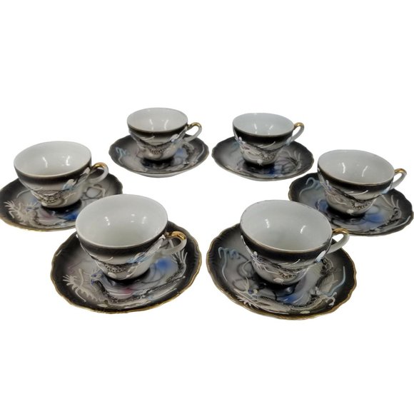 Dragon Ware Japanese Moriage Tutani Set 6 Demitasse Coffee Cup Saucer - Picture 3 of 14